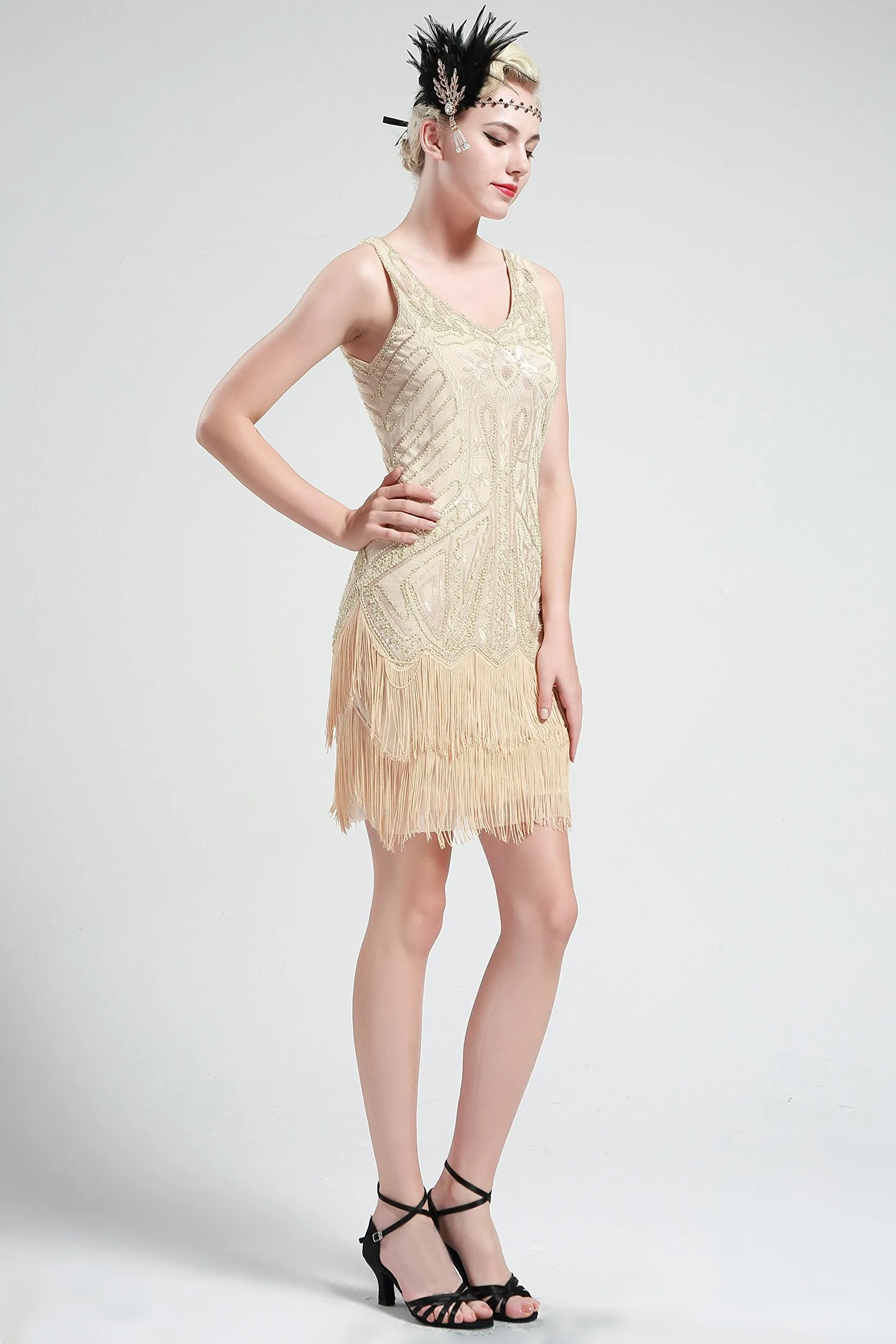 US STOCK Bright Green Sleeveless Flapper Beaded and Sequined Mini Dress