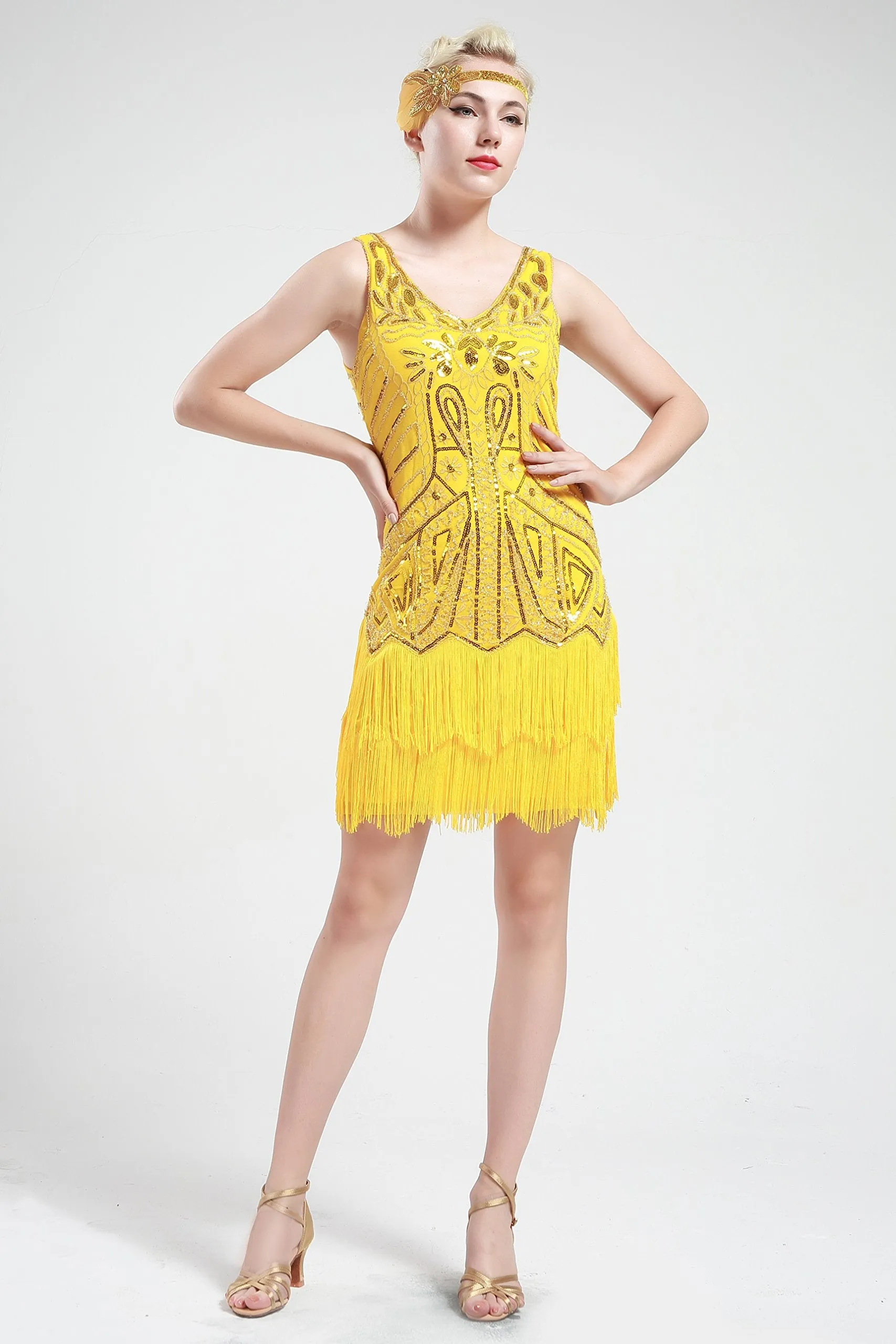 US STOCK Bright Green Sleeveless Flapper Beaded and Sequined Mini Dress
