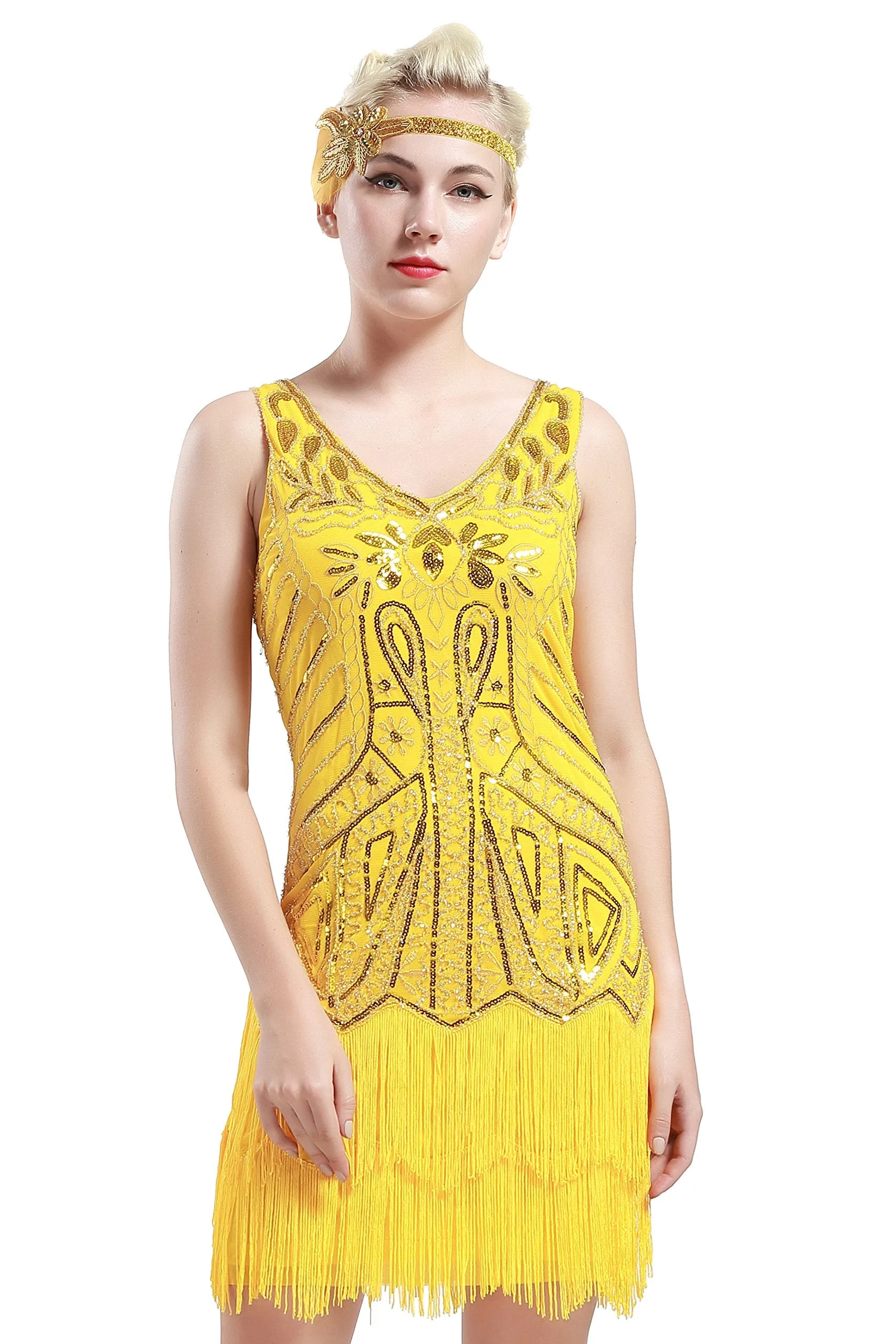 US STOCK Bright Green Sleeveless Flapper Beaded and Sequined Mini Dress