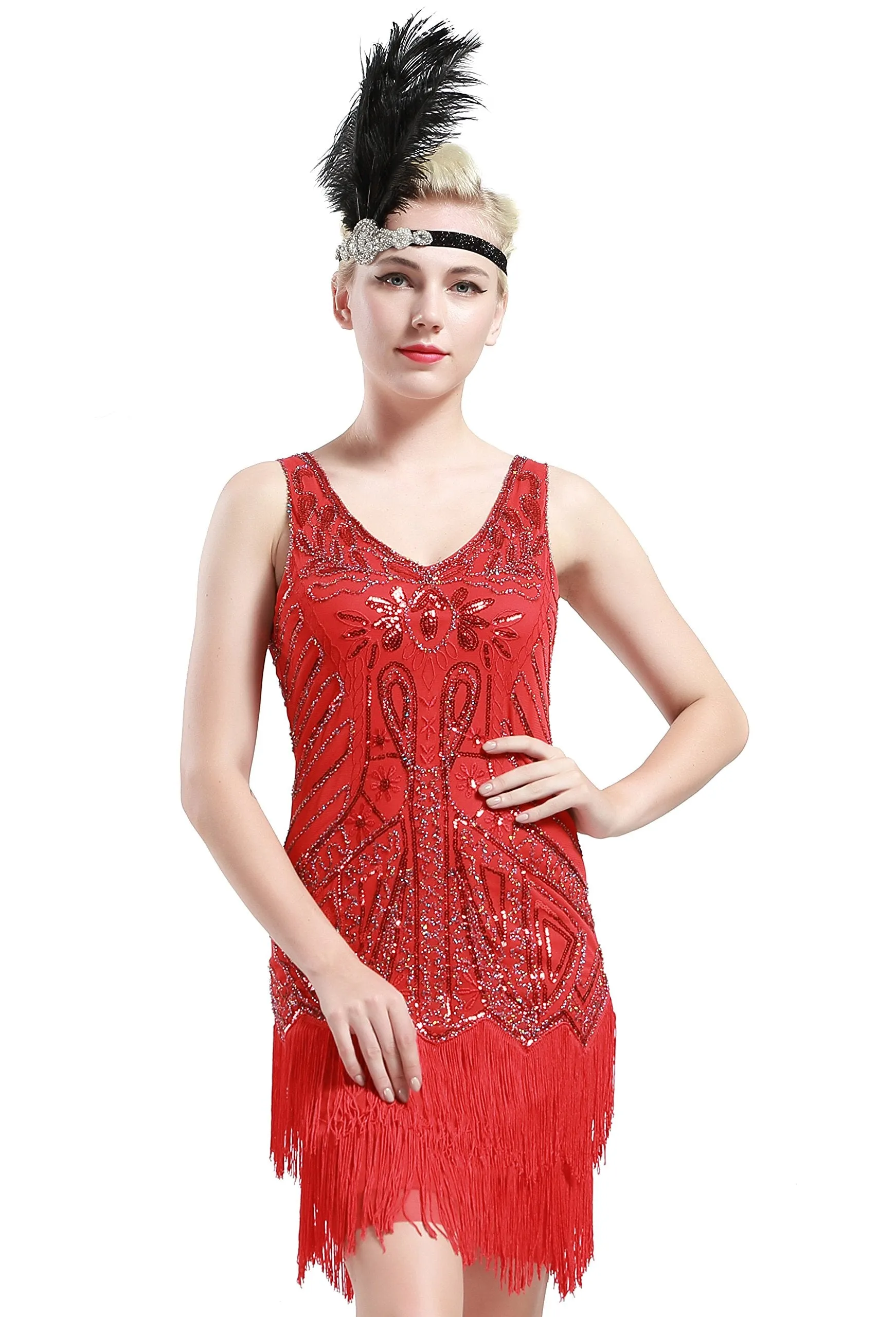 US STOCK Bright Green Sleeveless Flapper Beaded and Sequined Mini Dress