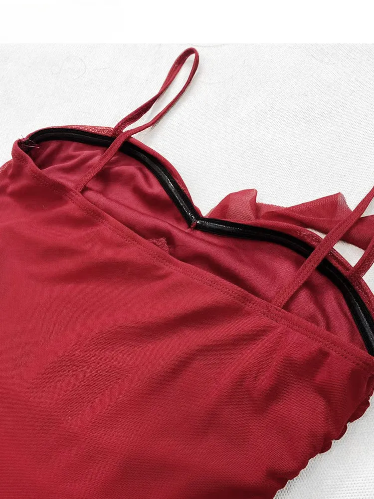 Vintage Red Asymmetrical Ruffled Hem High-low Glamorous Cami Dress