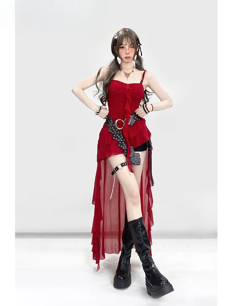 Vintage Red Asymmetrical Ruffled Hem High-low Glamorous Cami Dress