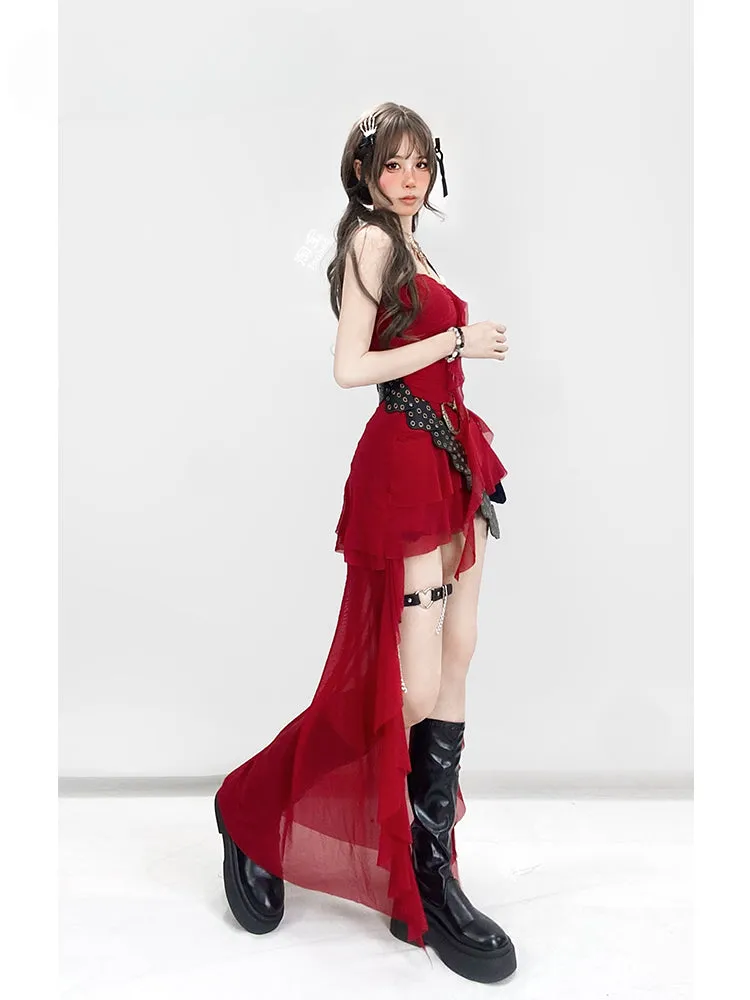 Vintage Red Asymmetrical Ruffled Hem High-low Glamorous Cami Dress