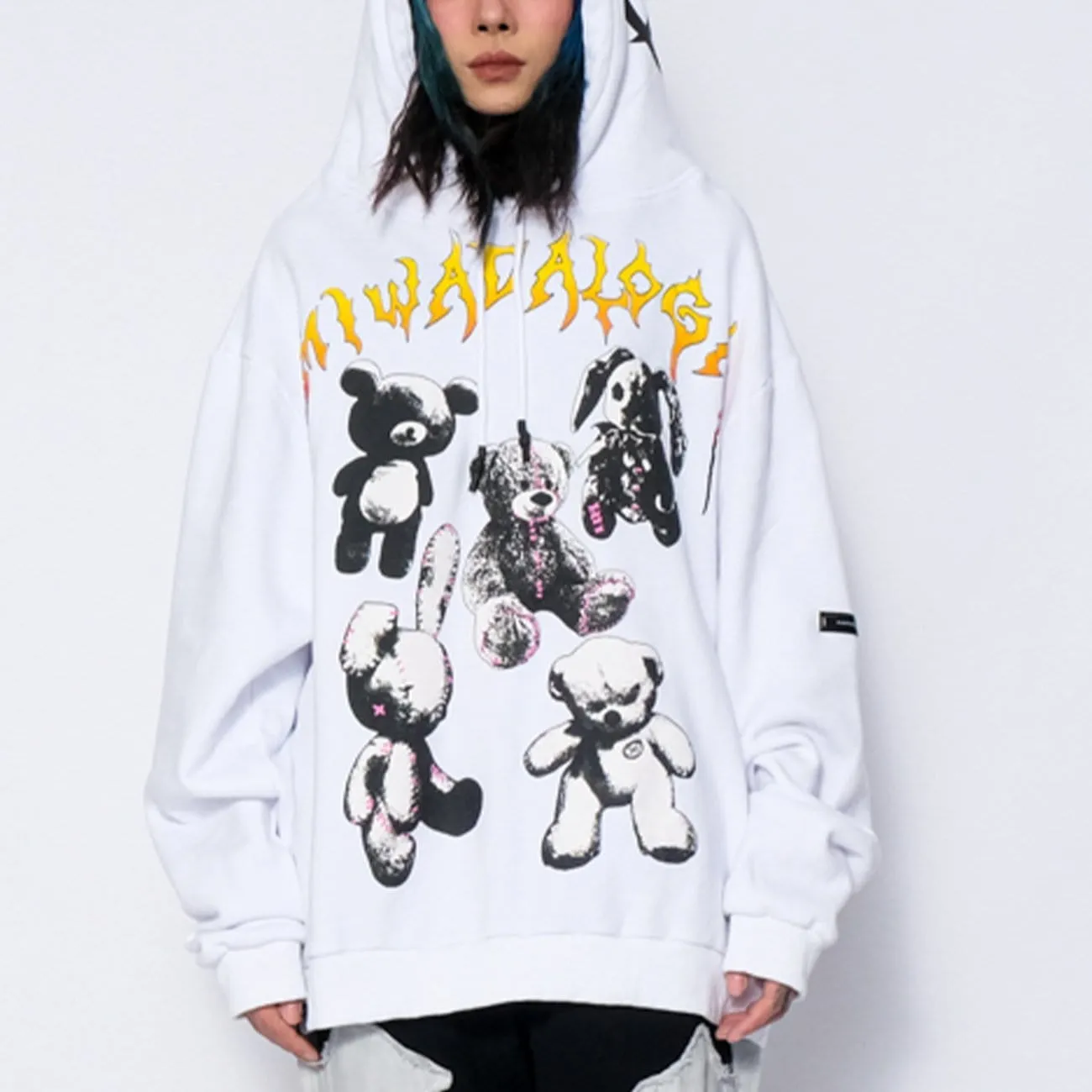 WLS Bear Full Letters Oversized Washed Hoodie