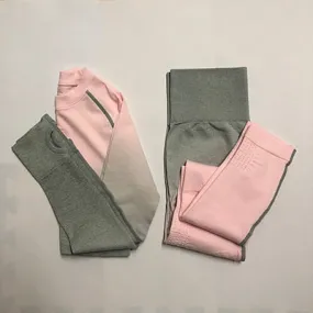 Women Yoga Set Gym Clothing Ombre Seamless Leggings Cropped Shirts Workout Sport Suit Women Long Sleeve Fitness Set Active Wear